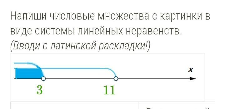 Напиши числовые множества с картинки в виде системы линейных неравенств вводи с латинской раскладки