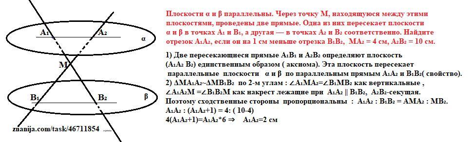 Плоскости α и β параллельны. Через точку M, находящуюся между этими ...