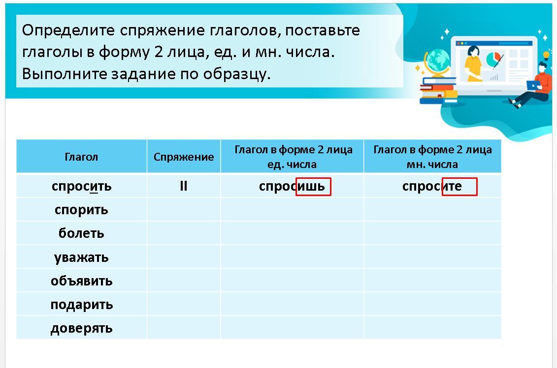 Поставьте глаголы в нужную форму запишите по образцу ты клеишь 2 спряжение таешь 1 спряжение