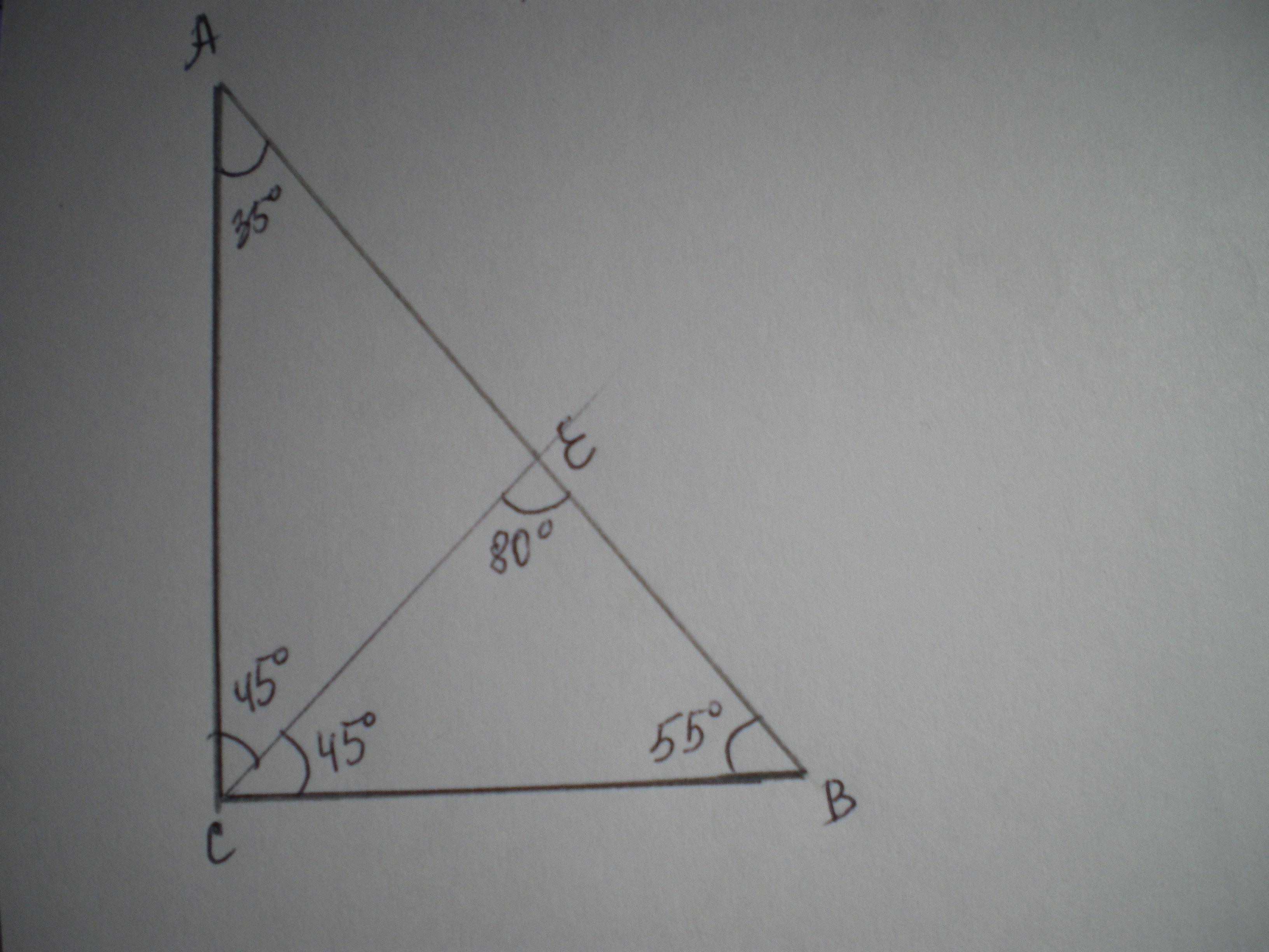 В прямоугольном треугольнике дсе с прямым. Биссектриса угла в прямоугольном треугольнике. Биссектриса в прямоуг треуг. Угол 80 градусов. Биссектриса из прямого угла прямоугольного треугольника.