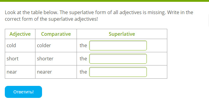 Cold comparative and superlative forms. Cold in Superlative form. Cold in Superlative. Все формы ESBT. Write the missing forms of the adjectives.