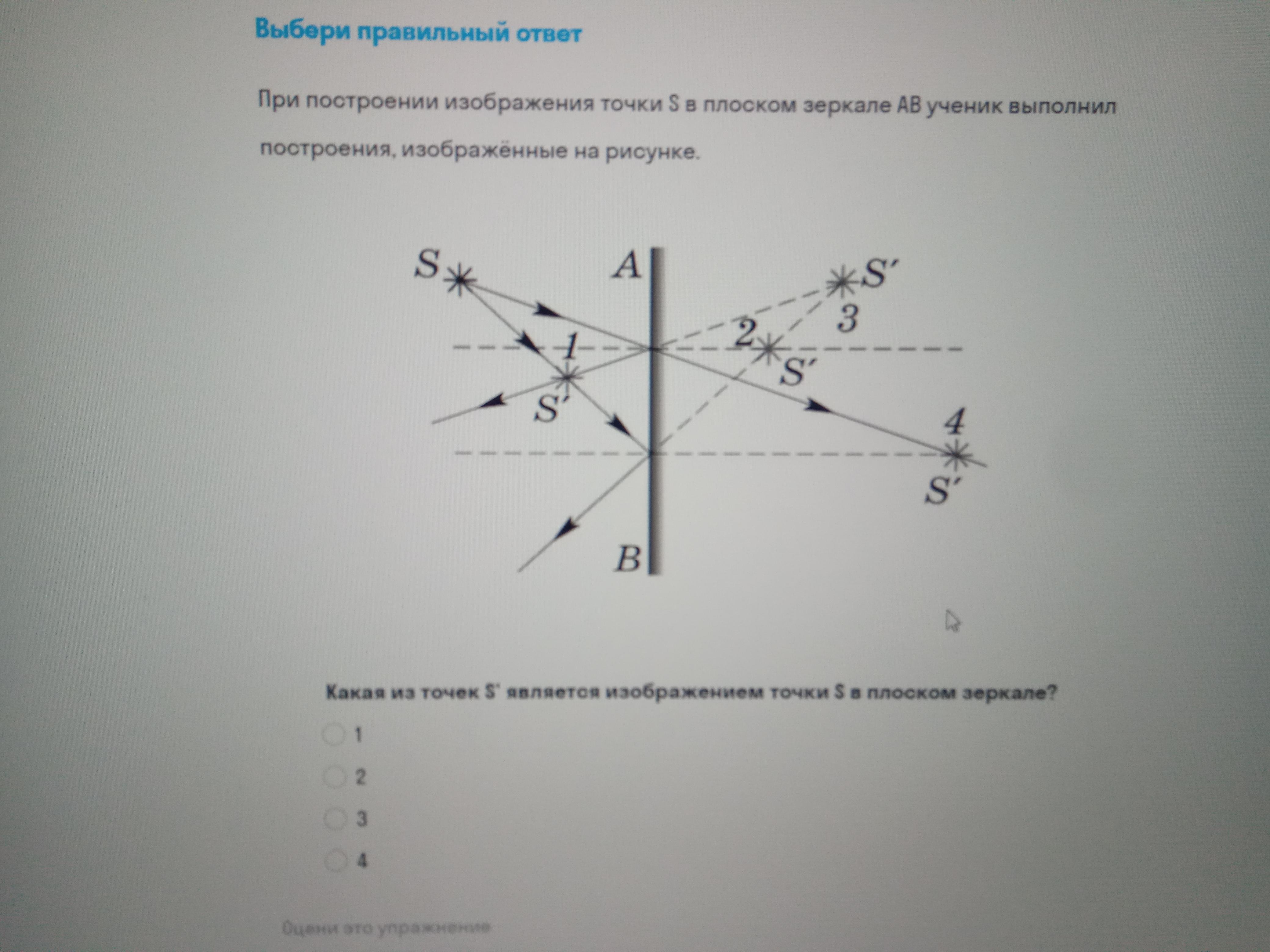 Какая из точек на рисунке является изображением точки s в плоском зеркале