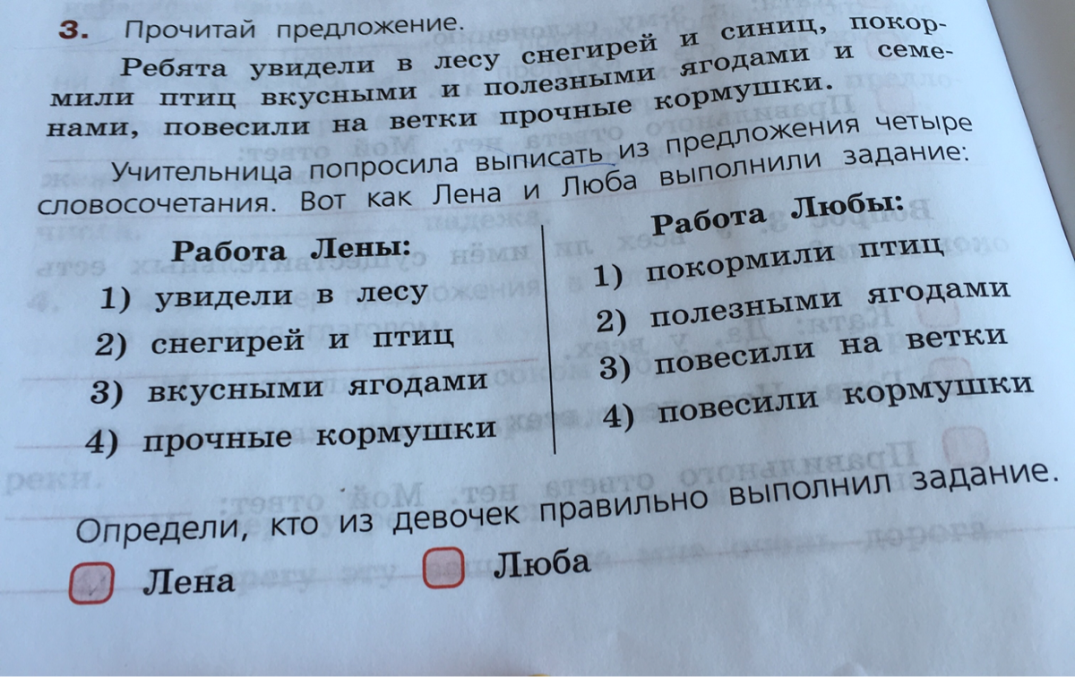 Предложение ребята. Запиши вопросы к словам. Запиши в чем ошибка у другой девочки. Предложение со словами развесила ветки зимой. Выпиши из предложения пары слов с вопросом маленькая синичка.