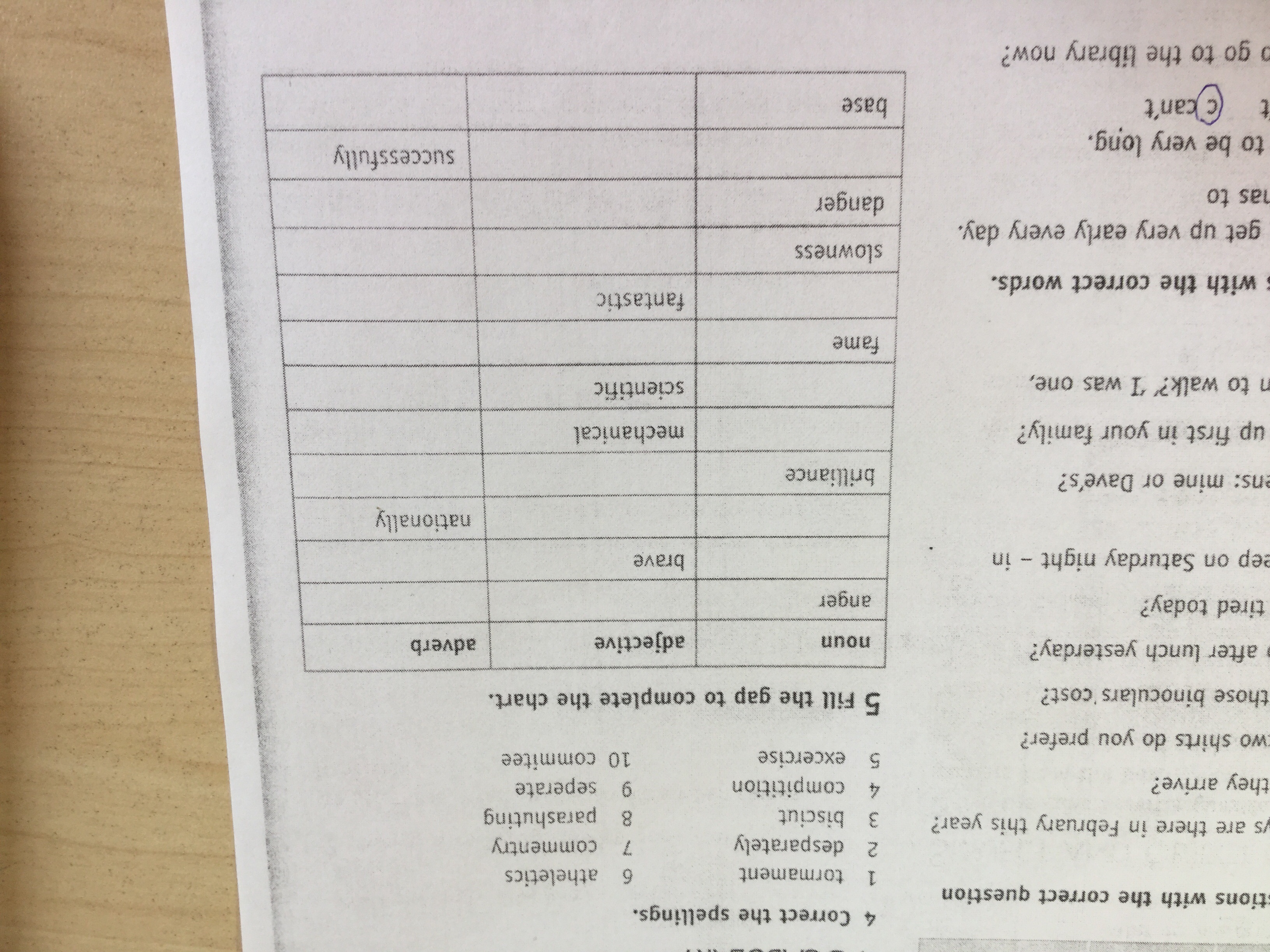 1 fill in the correct word. Fill the gap to complete the Chart Anger. Noun Anger adjective adverb Brave nationally Brilliance Fame Mechanical Scientific fantastic slowness Danger successfully Base. Complete the gaps with the correct places. Doctors and nurses work here.