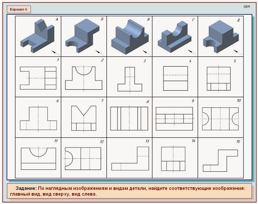 По наглядным изображениям деталей используя представленный набор видов расположить в соответствующих