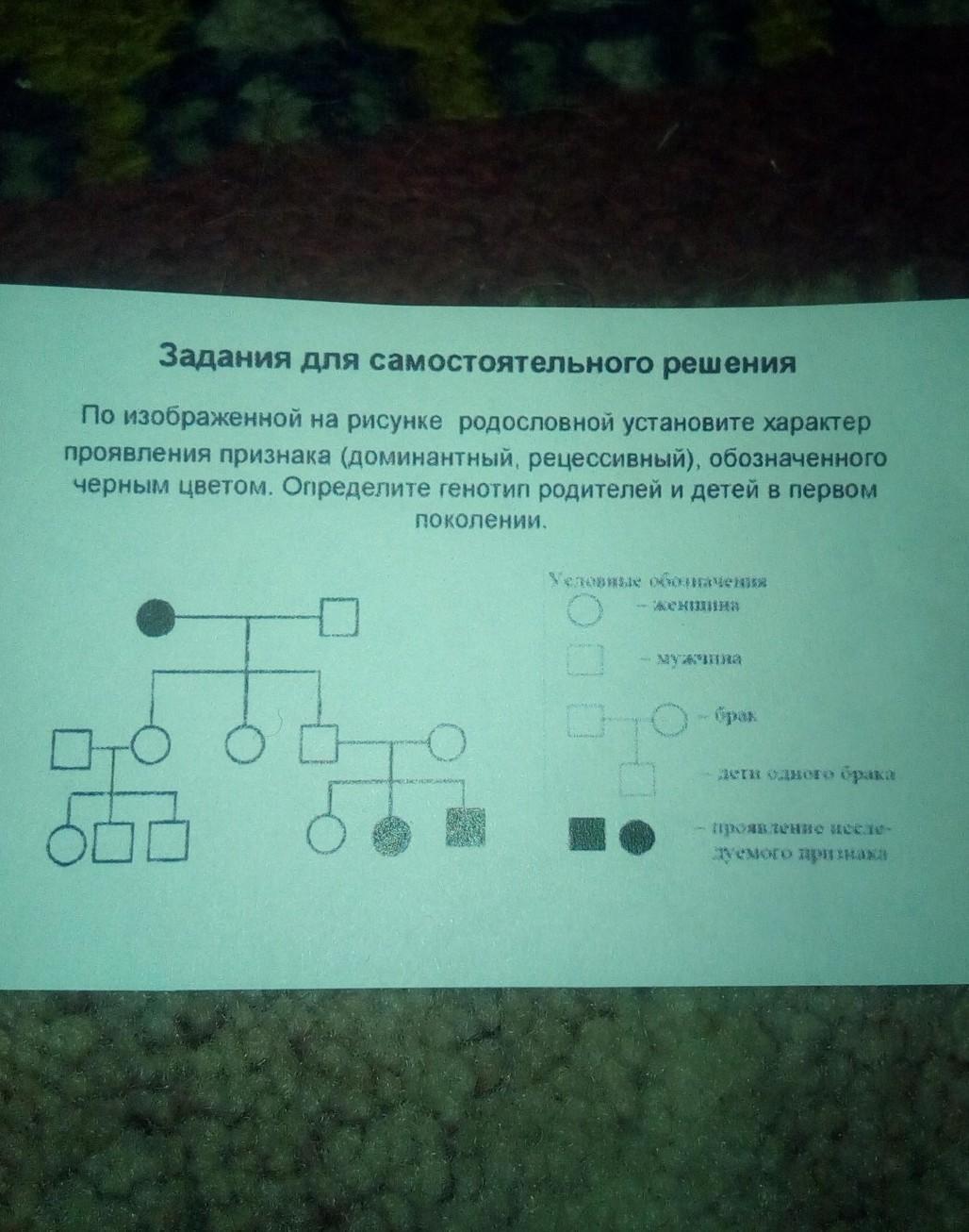 По изображенной на рисунке родословной установите характер проявления признака обозначенного черным цветом