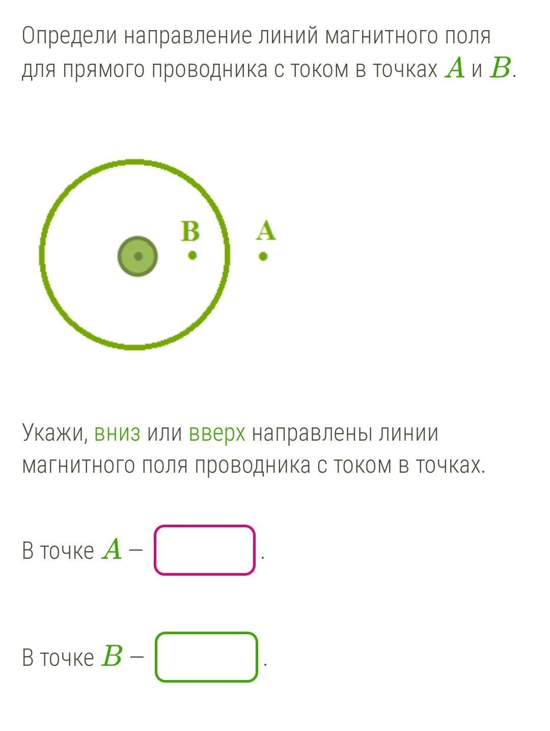 Определи направление магнитного поля прямого тока изображенного на рисунке в точке б