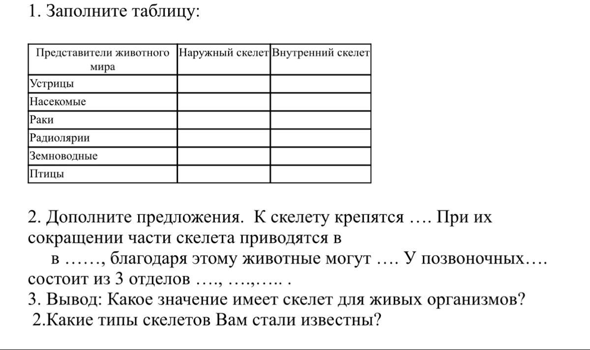 Ii заполните таблицу. Наружный и внутренний скелет таблица. Представители животного мира наружный скелет внутренний скелет. Наружный и внутренний скелет у животных таблица. Таблица наружный скелет внутренний скелет.