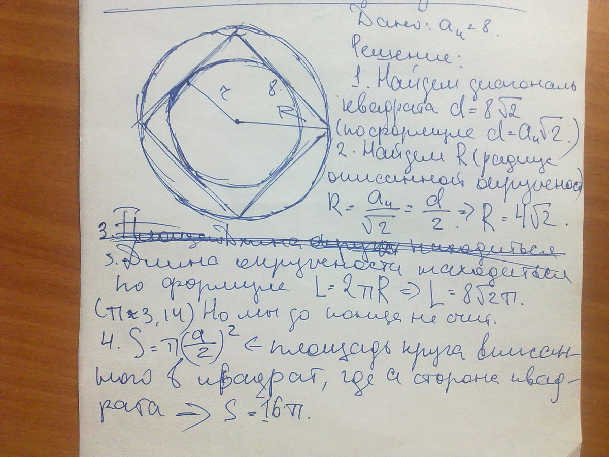 Найдите длину окружности описанной около квадрата со стороной 8 см с чертежом