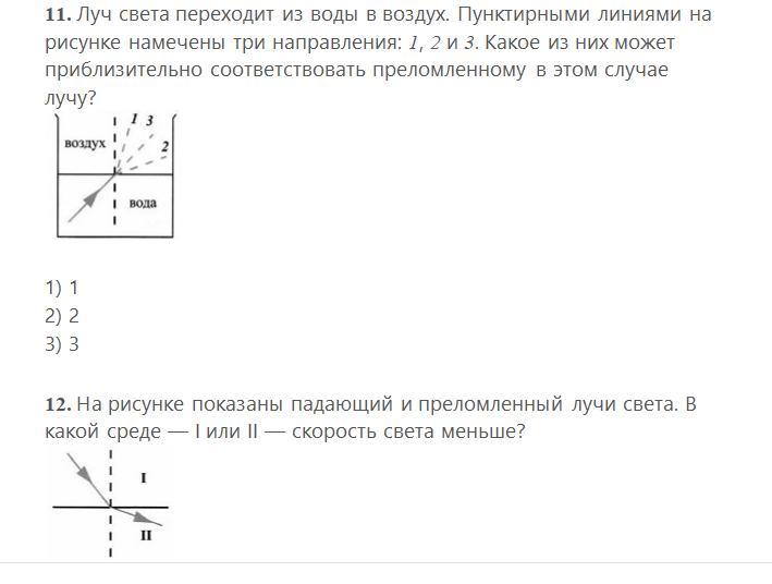 Луч света переходит из воды в воздух пунктирными линиями на рисунке намечены три