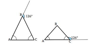 На рисунке угол 1 равен 126 градусов. 1 Из внешних углов равнобедренного треугольника равен 126 градусов. Смежныq угол 54и 126 градусов.