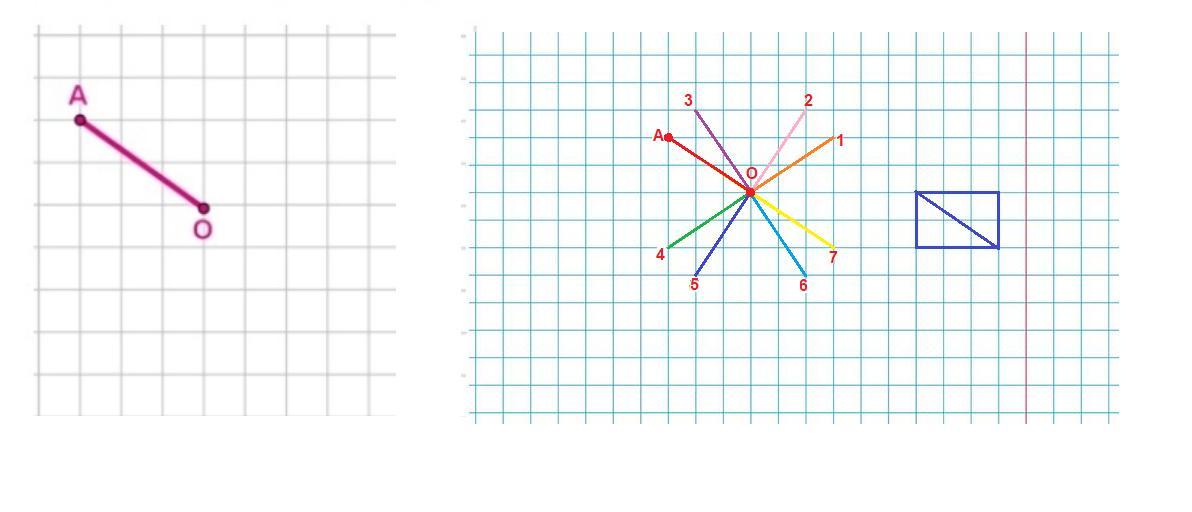 Диагональ двух клеток. Нарисуй еще отрезков от точки о. Нарисуйте еще 7 отрезков от точки о равных с отрезком ОА. Нарисуй еще 7 отрезков от точки о. Нарисуй еще семь отрезков от точки.