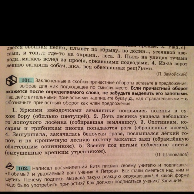 Написал восьмилетний витя письмо своему учителю. Звенят под ногами Поблекшие высушенные крепким утренником листья. Написал восьмилетний Витя письмо своему. Заключенные в скобки причастные обороты. Заключите в скобки причастные обороты вставьте в предложения.